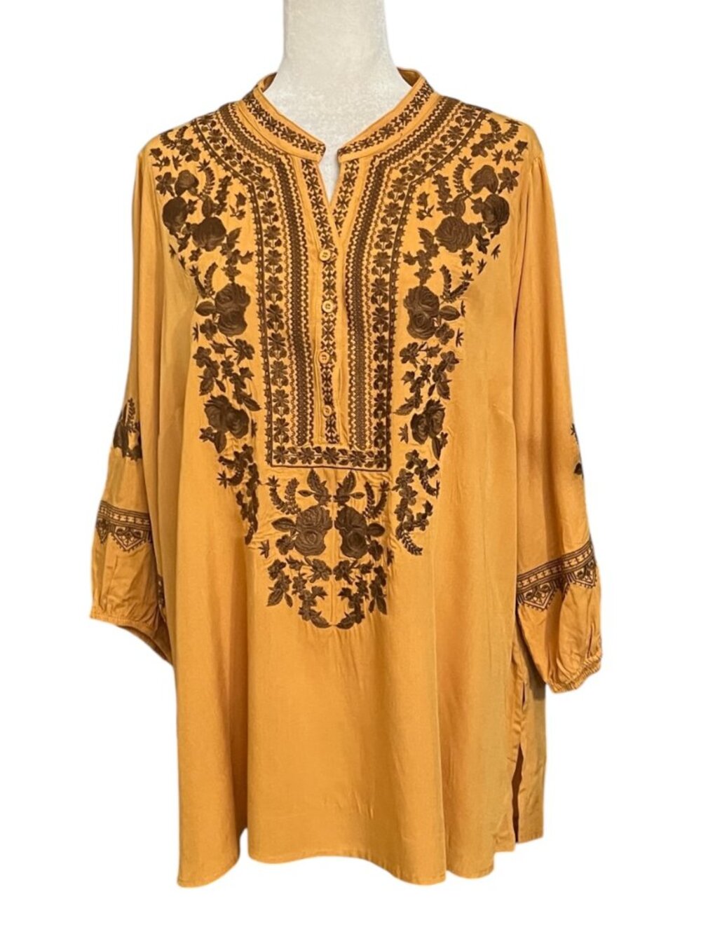 NWOT Angel Heart Boutique 2X Mustard Embroidered Boho Tunic Rayon Peasant Top